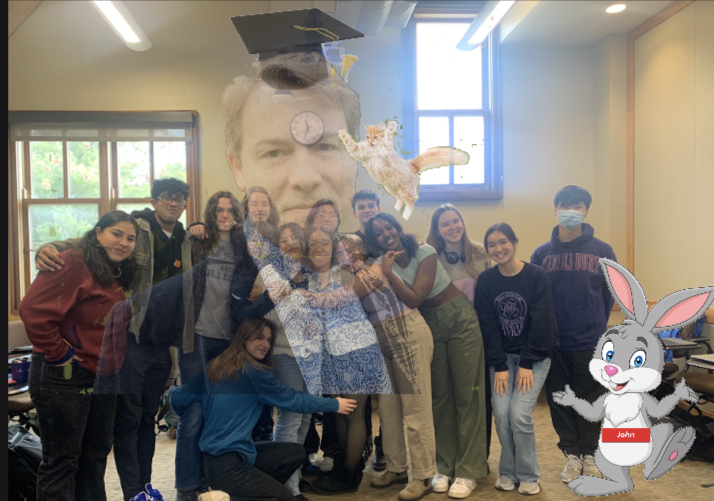 FYS Singing Communities class photo with Jeff Buetner superimposed over it